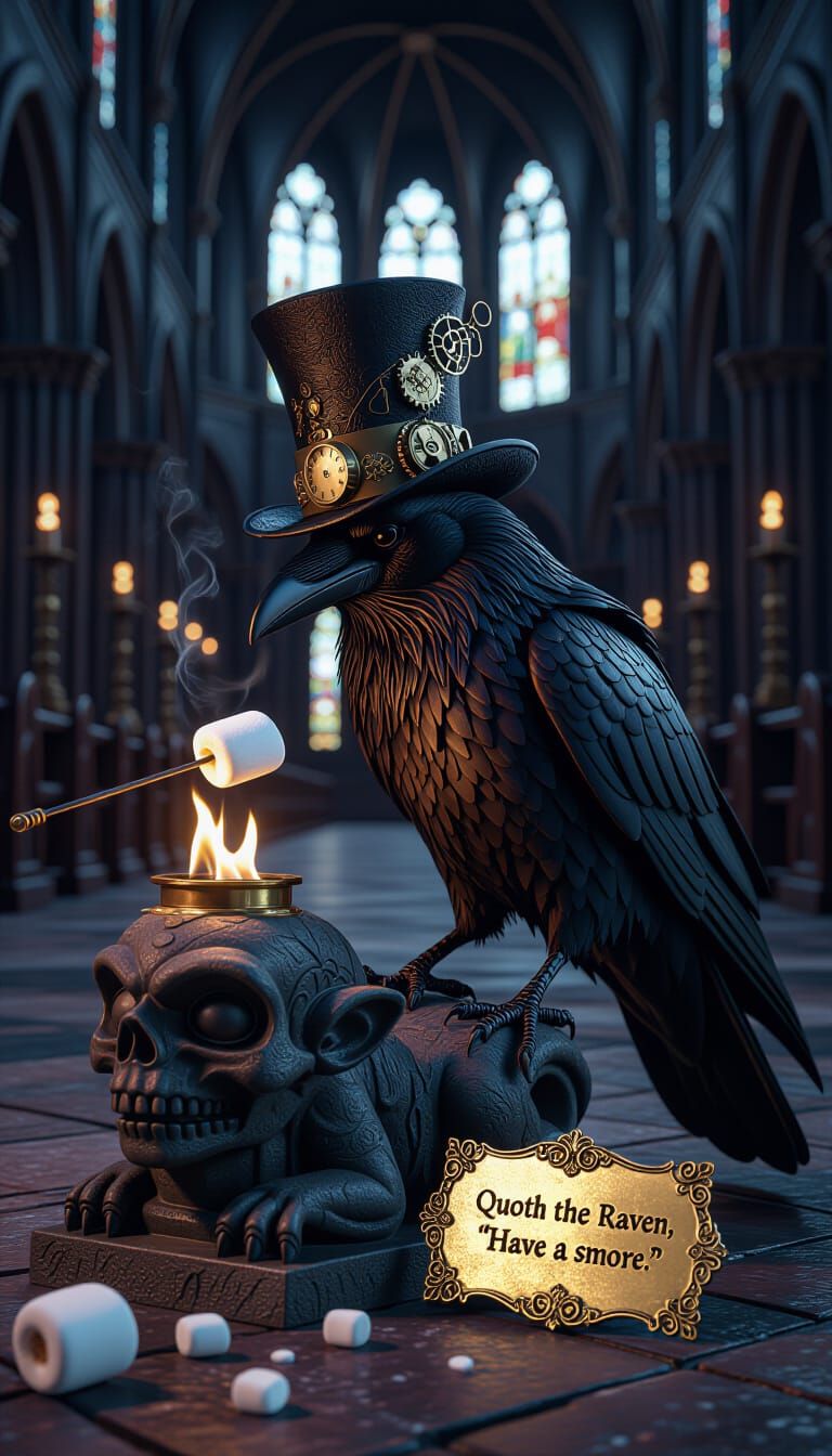 Steampunk Raven Roasts Marshmallow in Gothic Cathedral