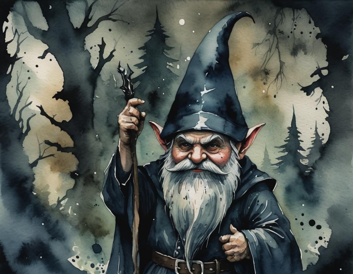 evil gnome dark and moody watercolor