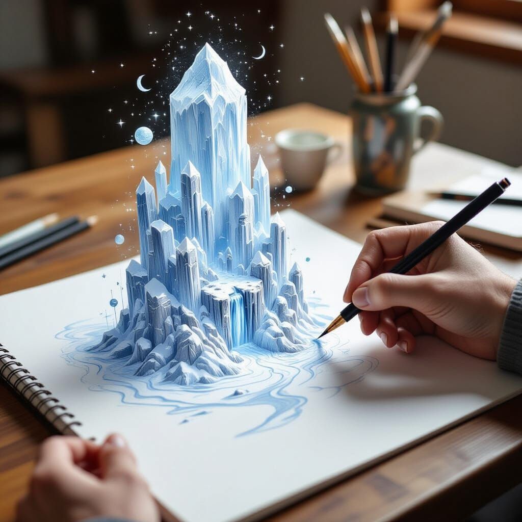 Artist's Hand Sketches Fantasy World Emerging From Page