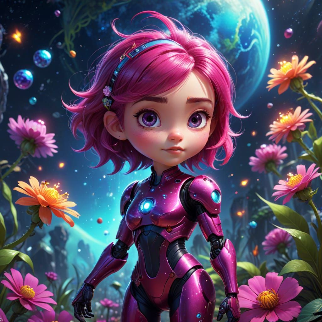 Chibi Robot Girl Tends Alien Garden in Candy Art Style