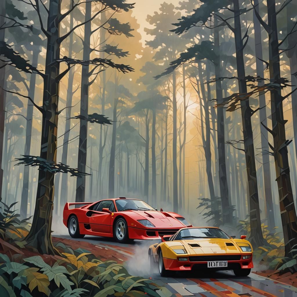 Ferrari F40 in Foggy Forest: Cubist Art Deco
