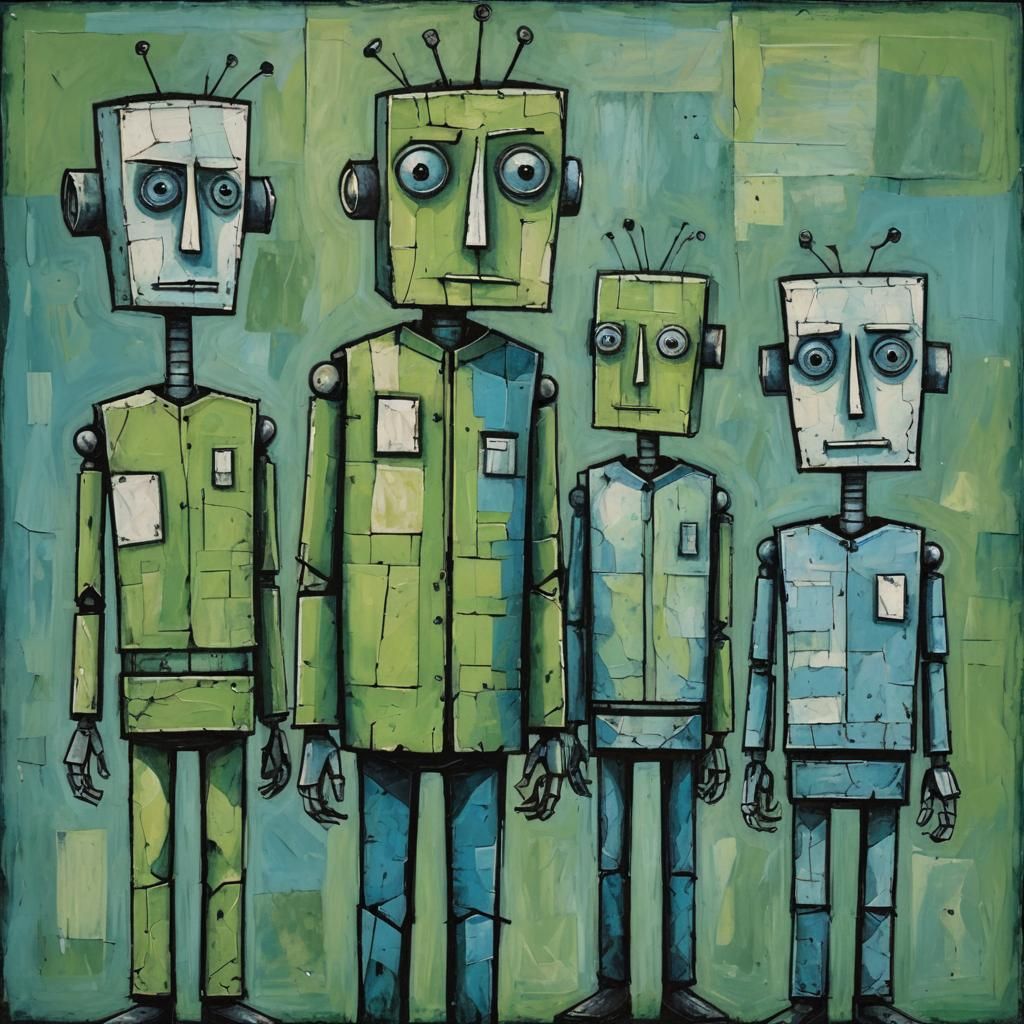 Cubist Family Portrait with Robots in Art Brut Style