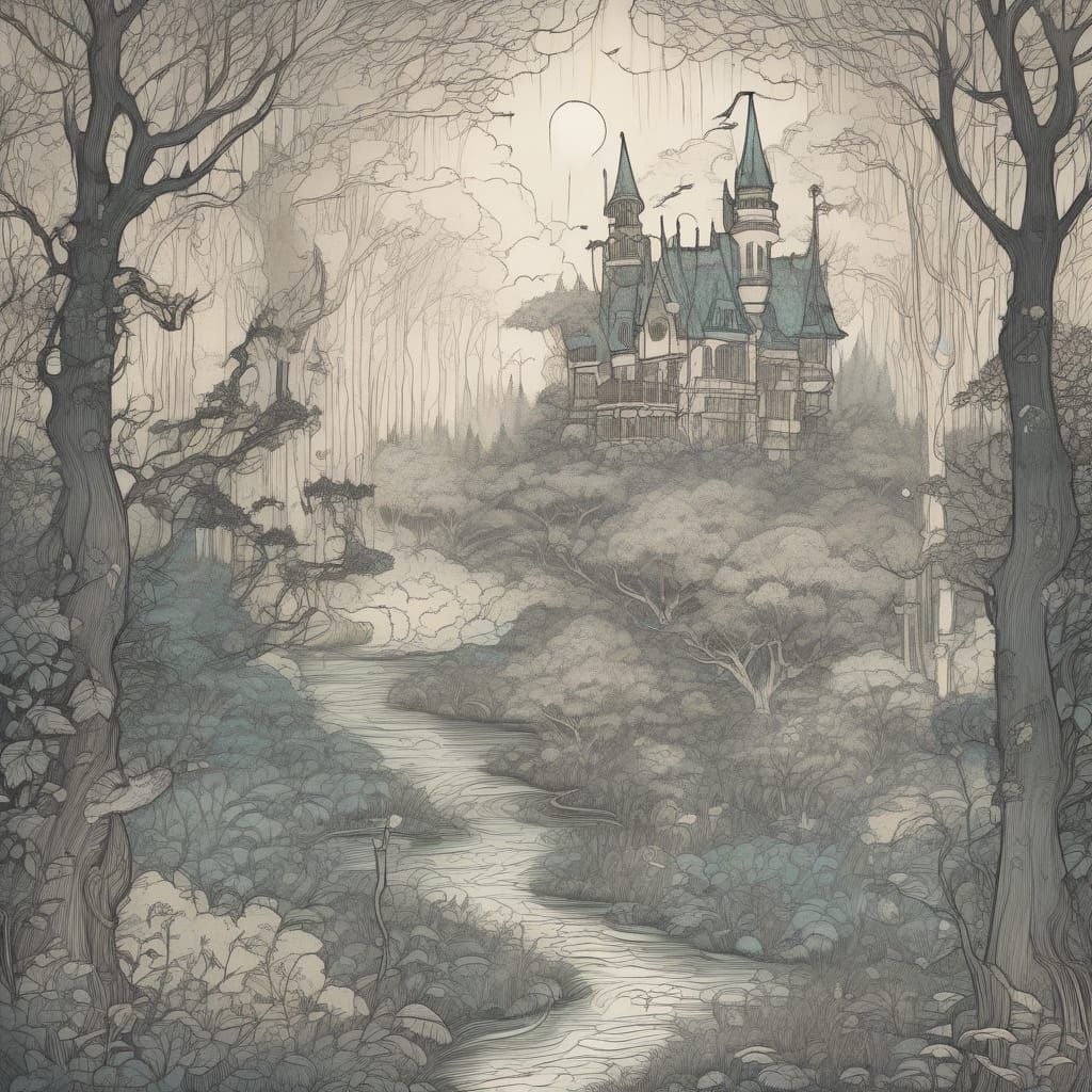 Magical Forest Illustration in Arthur Rackham Style