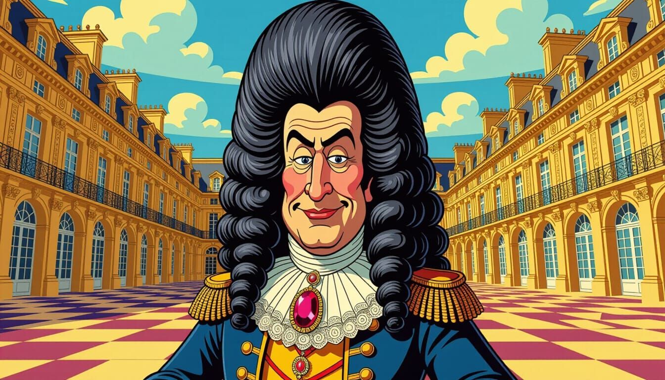 Exaggerated King Louis XIV Caricature in Cartoon Style