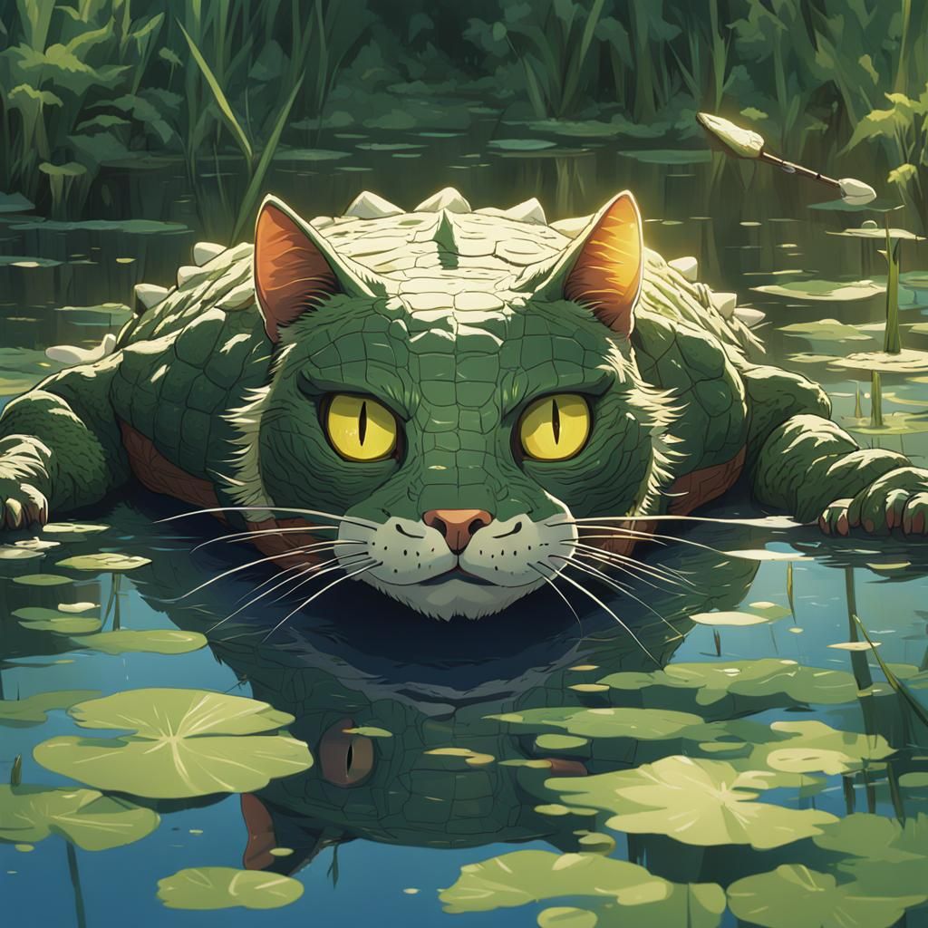 Cat Head on Alligator Body: Ghibli Anime Style
