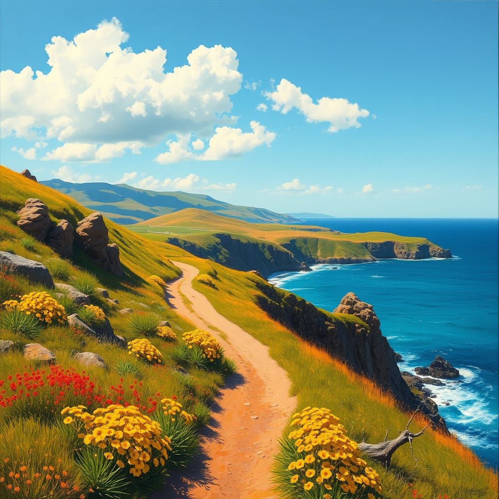 Idyllic Coastal Path Overlooking Sparkling Ocean