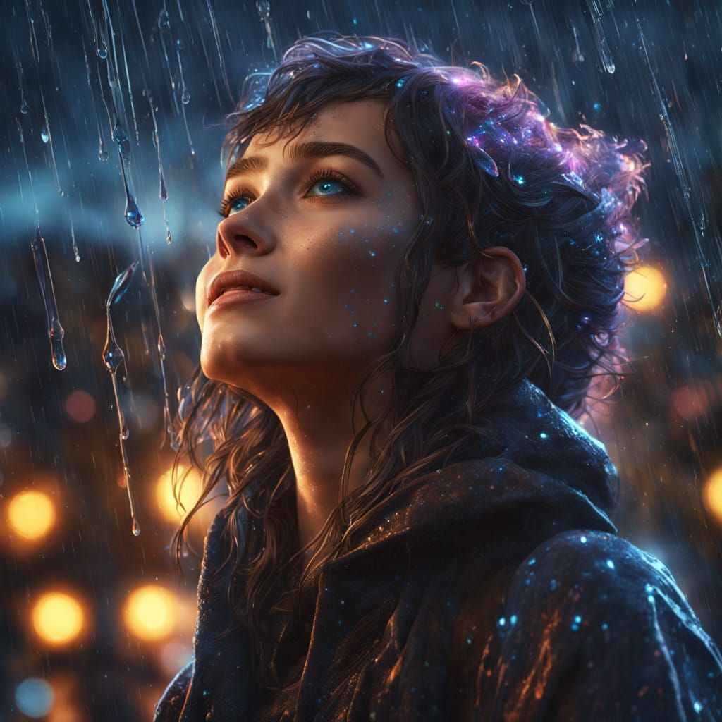 Girl Under Radiant Raindrops in Ethereal Skies