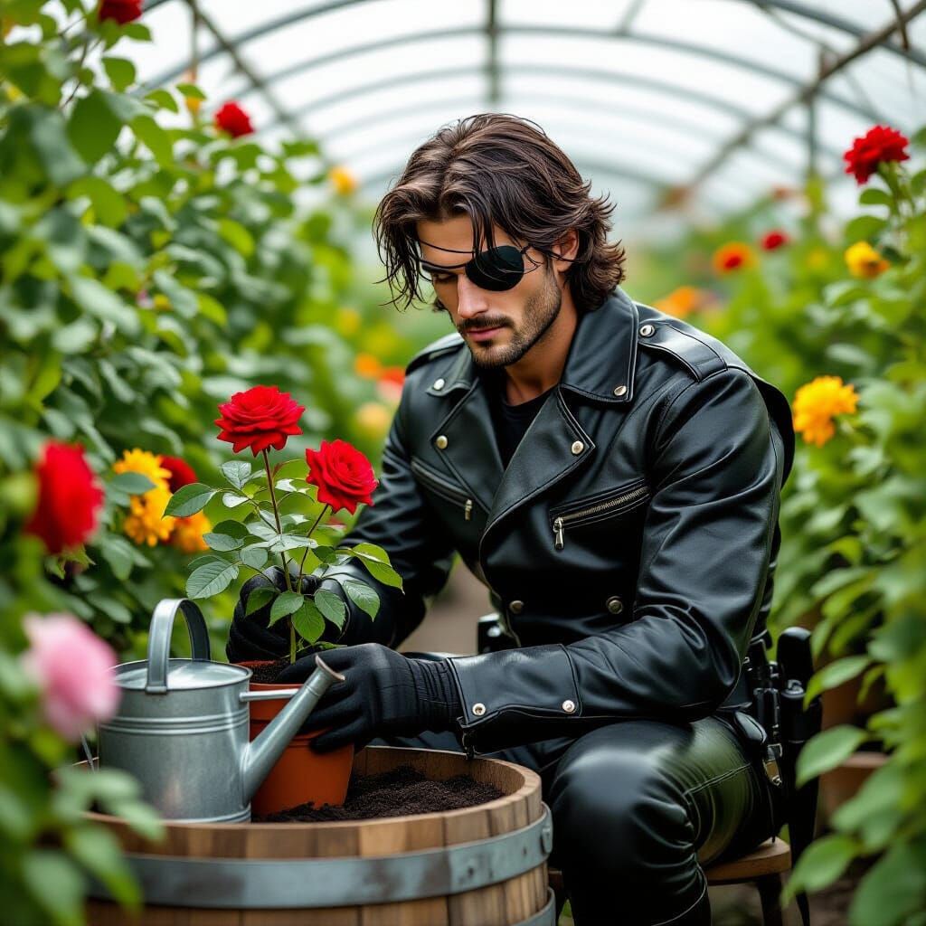 Soldier Replanting Rose in Lush Greenhouse