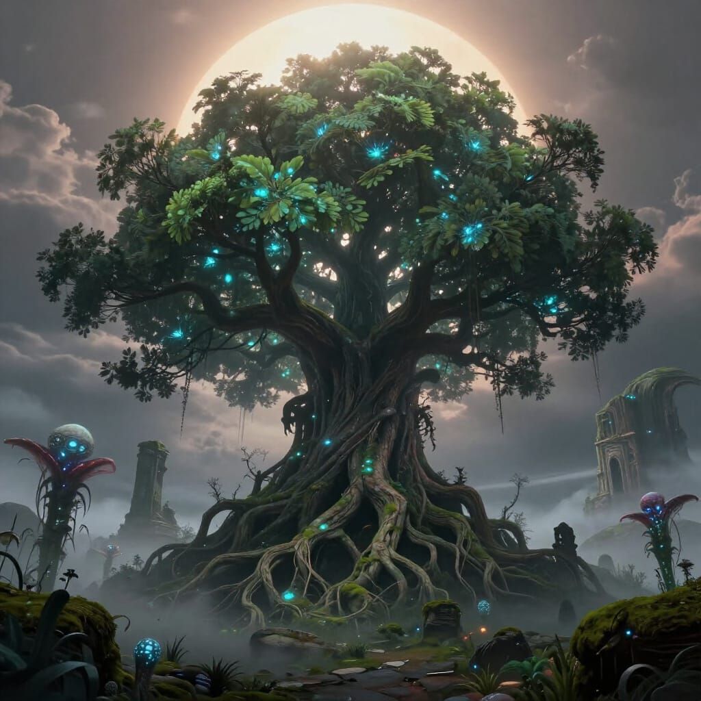 Ancient Bioluminescent Tree Amidst Alien Ruins