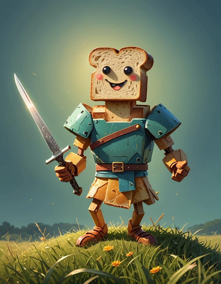 Humorous Toast Warrior in Fantasy Landscape, Digital Art