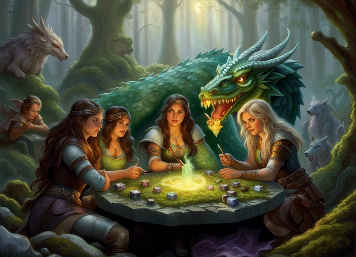 Huntresses and Dragon in Ethereal Forest