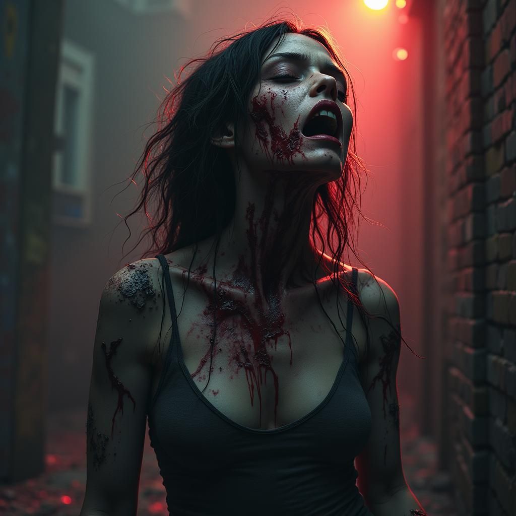Hyperrealistic Female Zombie in Dramatic Lighting