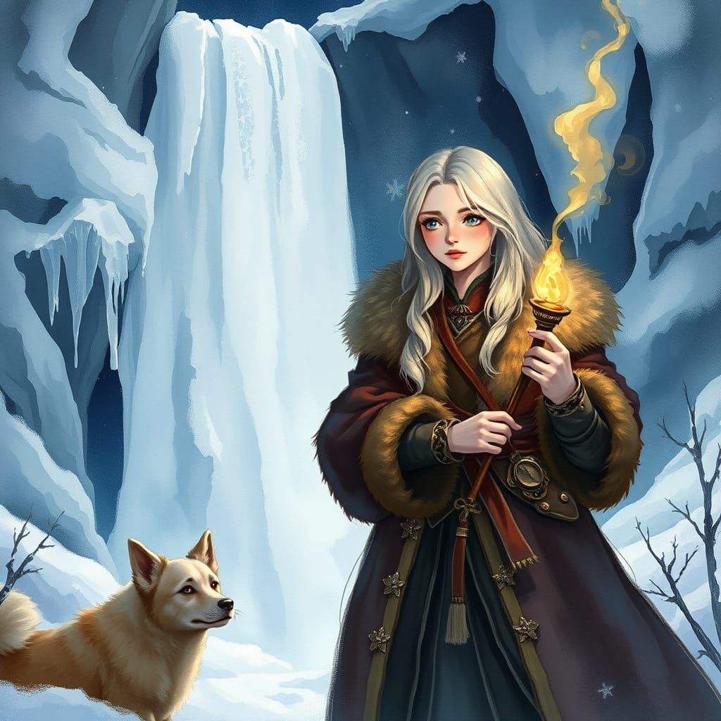 Worried Woman and Dog by Frozen Waterfall