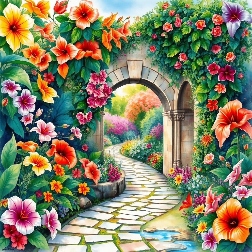 Vibrant Garden Oasis in Watercolor Style