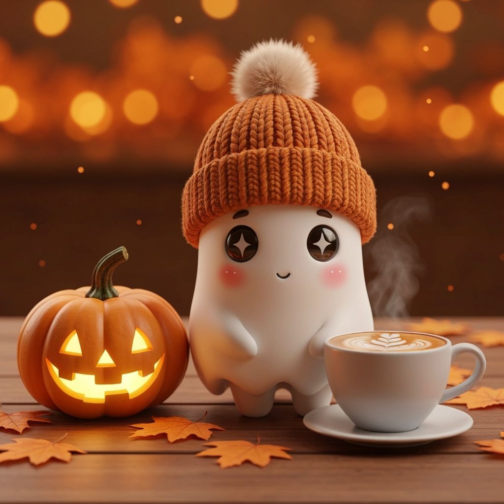 Cute Ghost in Beanie Holding Coffee With Autumn Leaves