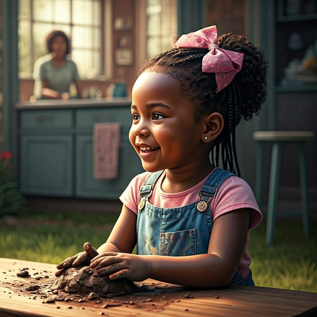 Happy Girl Making Mud Pies: Hyperrealistic Portrait