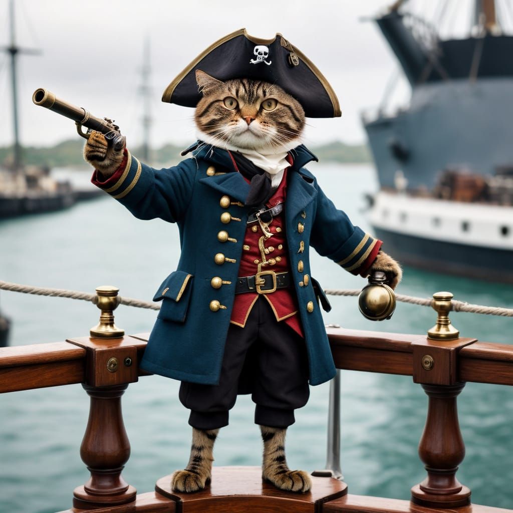 Pirate Cat Captain on Ship Bridge
