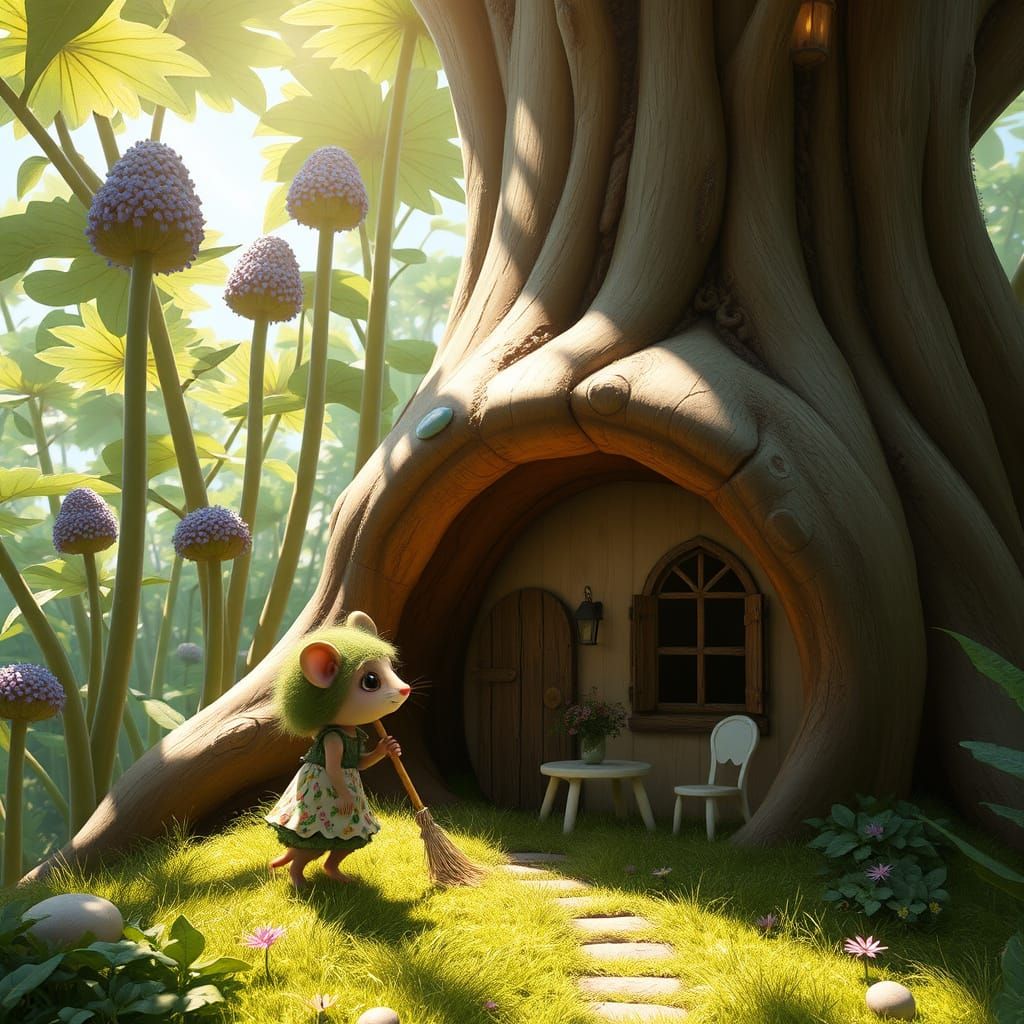 Whimsical Fantasy Scene with Dwarf Shrew and Cozy Home