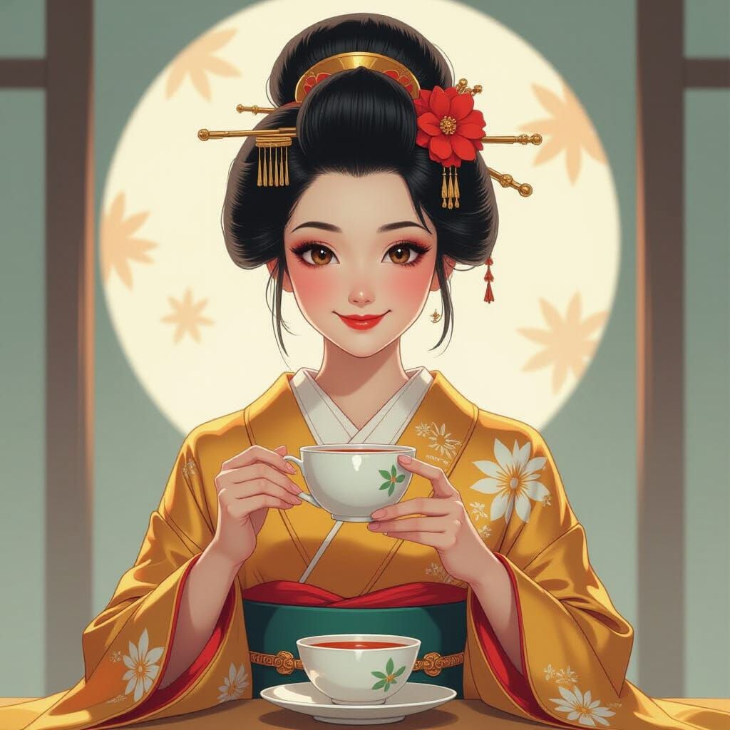 Geisha Enjoys Tea in Watercolor Style