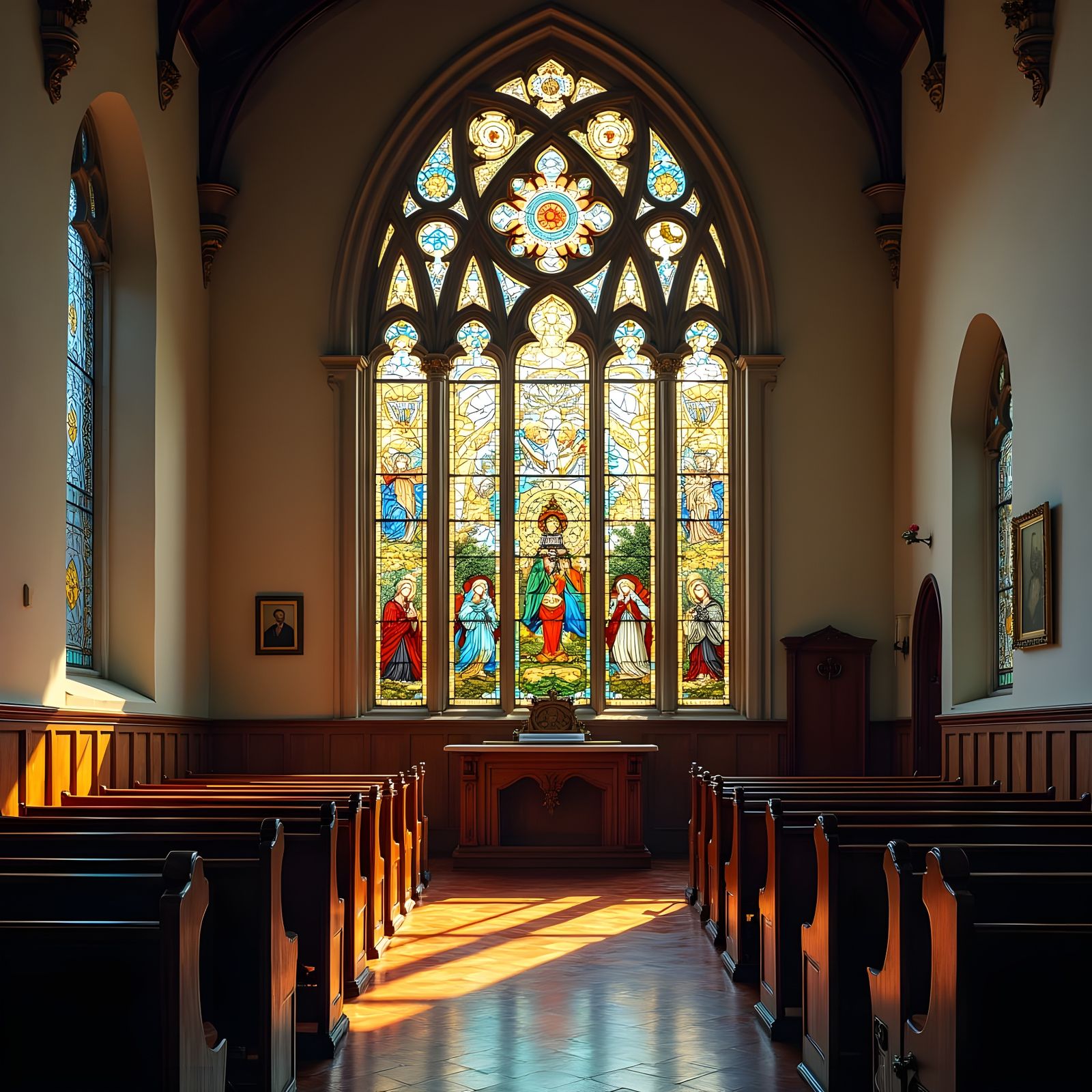Vibrant Stained Glass Window Depicting Whimsical Scene