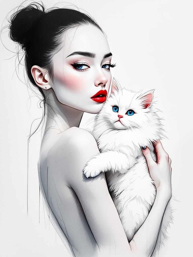 Expressive Ink Portraits of a Woman and Her White Cat in a S...