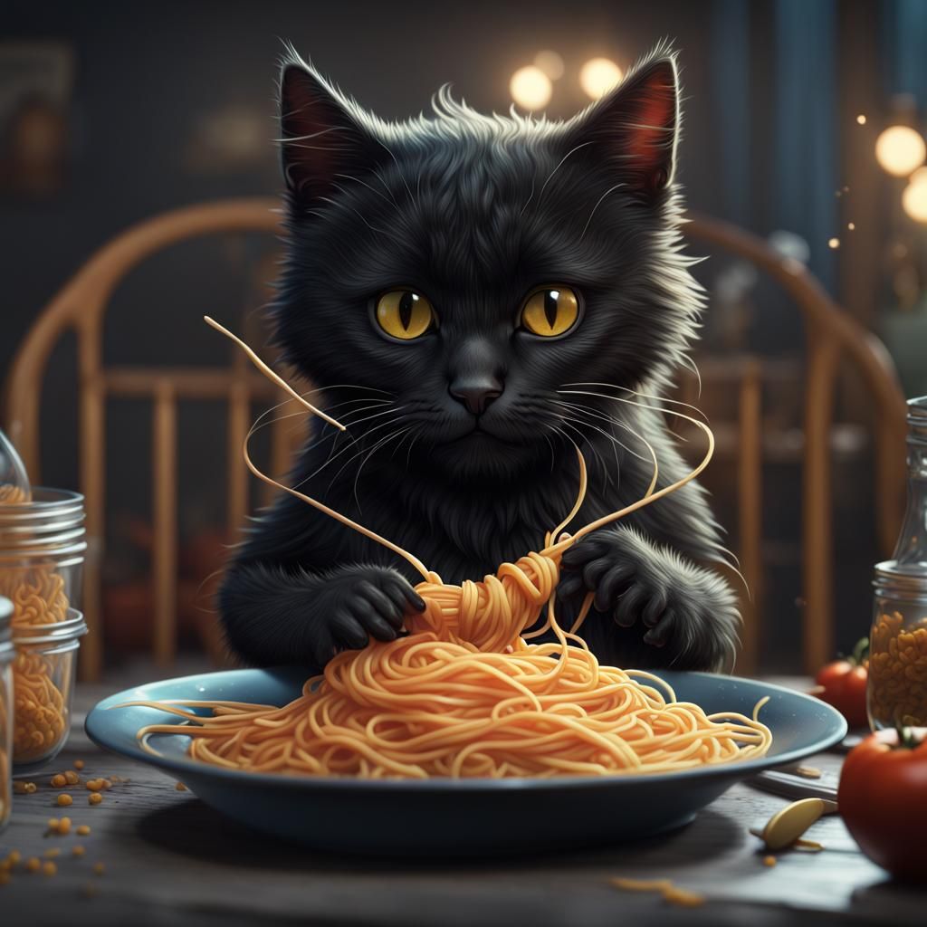 Cute Black Cat Eating Spaghetti: Digital Art