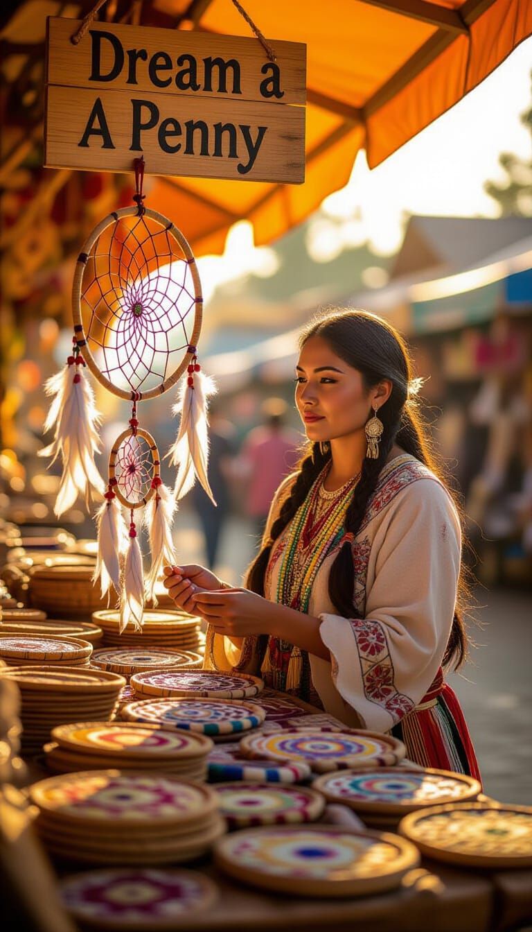 Shaman Sells Dreamcatchers in Vibrant Marketplace