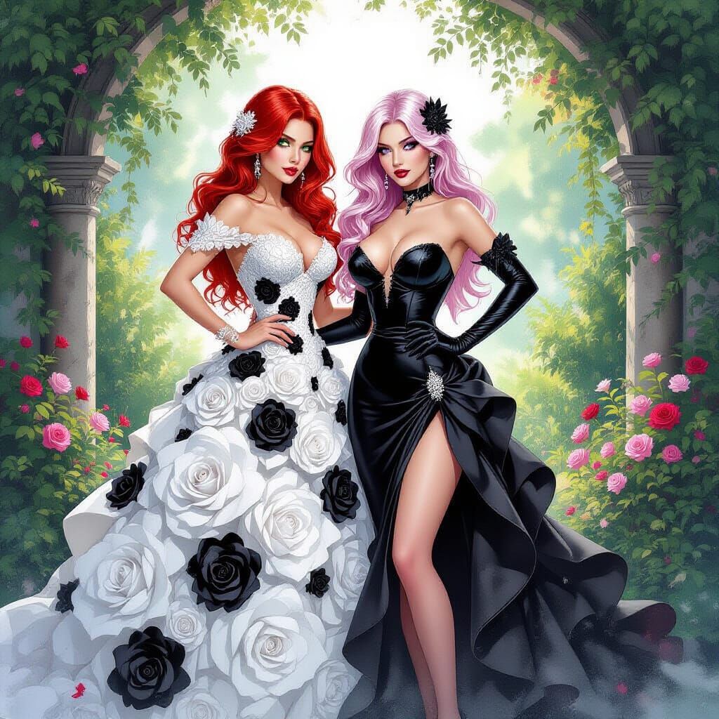 Women in Rose Gowns Posing in Black and White Garden