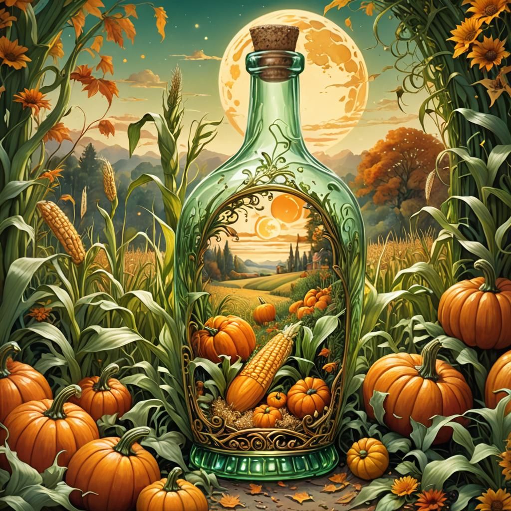 Ornate Bottle Filled with Autumn Landscape