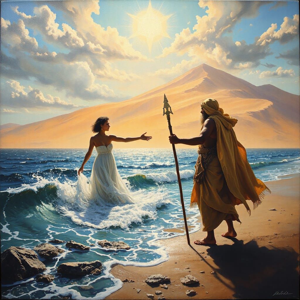 Mystical Convergence of Ocean and Desert in Surreal Landscap...