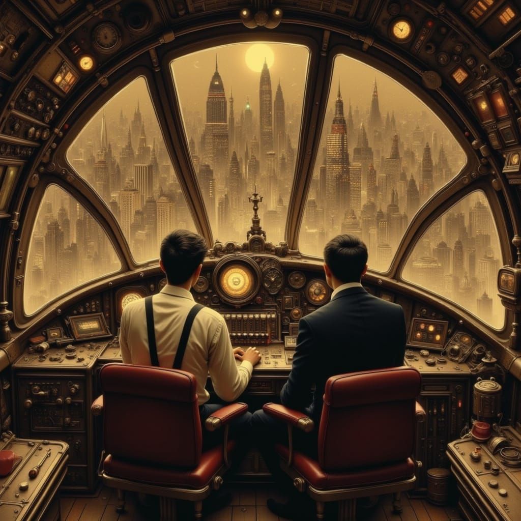 Futuristic Airship Cockpit Over Neon Cityscape