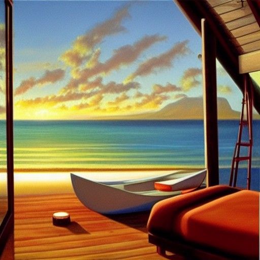 Ocean Sunset View from Modern Lodge, Oil Painting