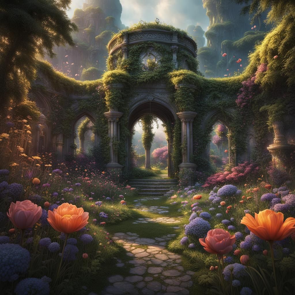 Detailed Secret Flower Garden in Fantasy Concept Art