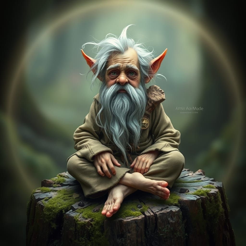 Whimsical Pixie Seated on Ancient Tree Stump in Dreamlike At...