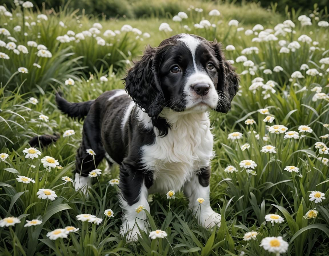 Cloud Puppy: Adorable Springer Spaniel in Cloudy Garden