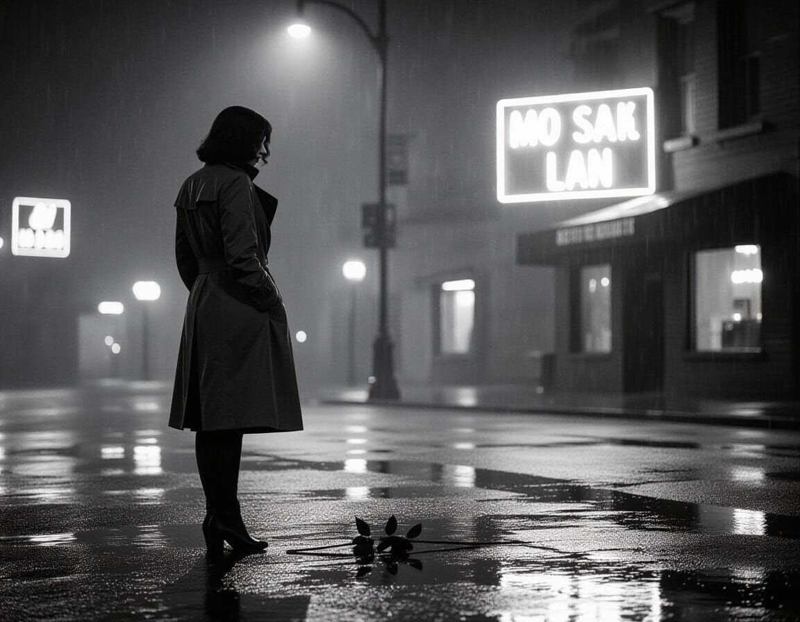 Film Noir Solitary Figure on Rainy City Street