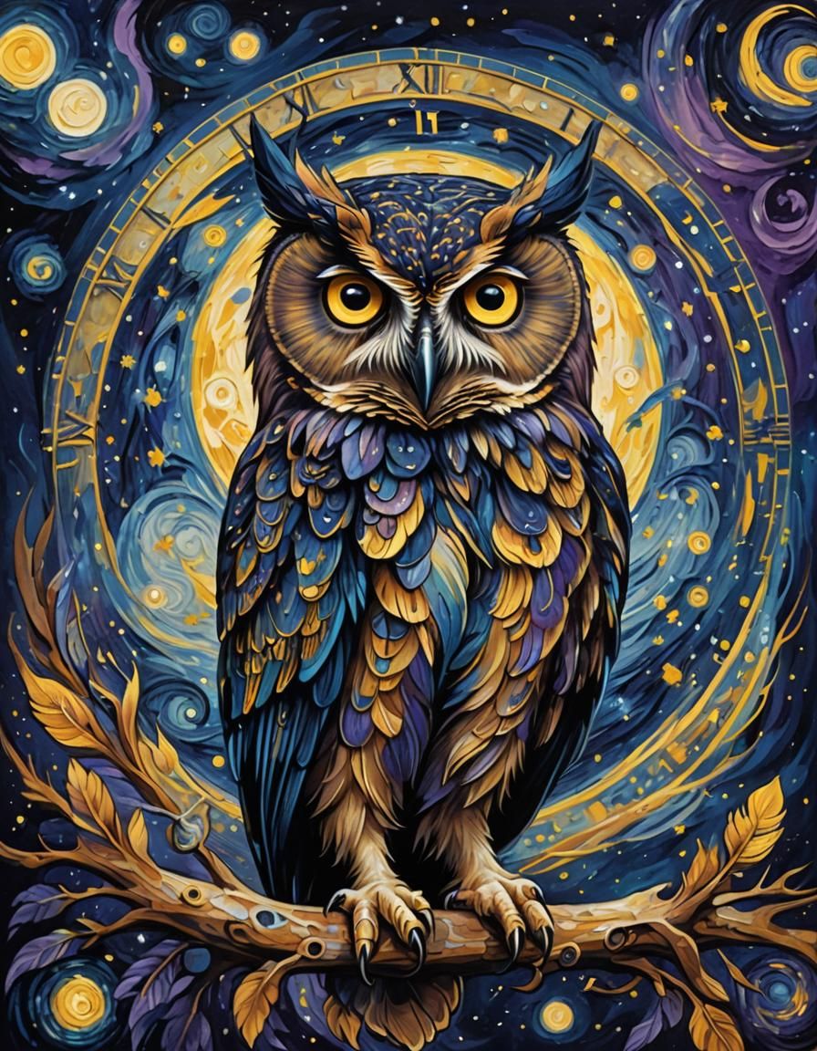 Hypnotic Owl Clock in Swirling Cyberpunk Sky