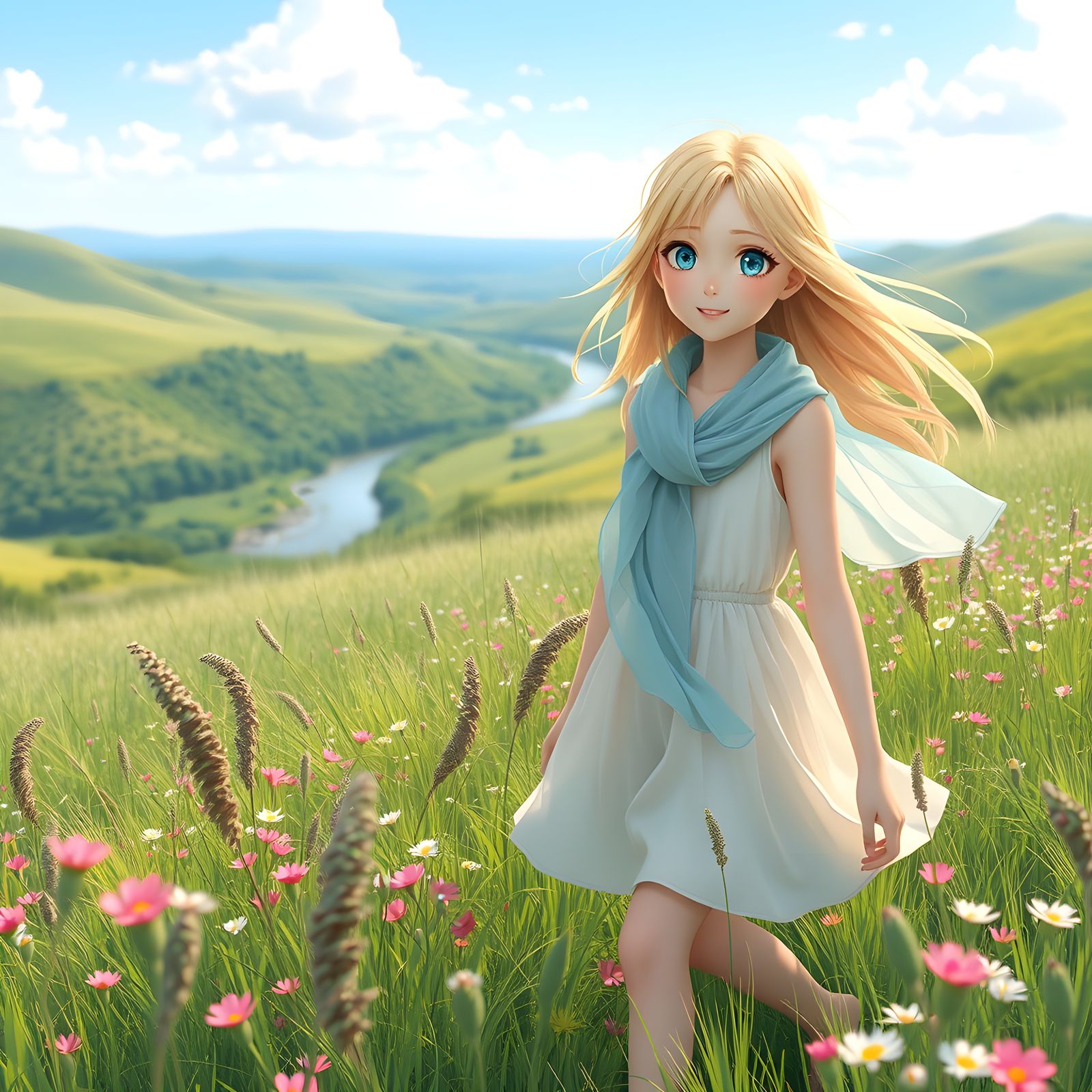 Anime Girl in Flowing Dress Walking Through Field