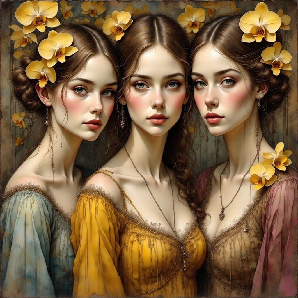 Renaissance Triptych of Three Women in Da Vinci Style