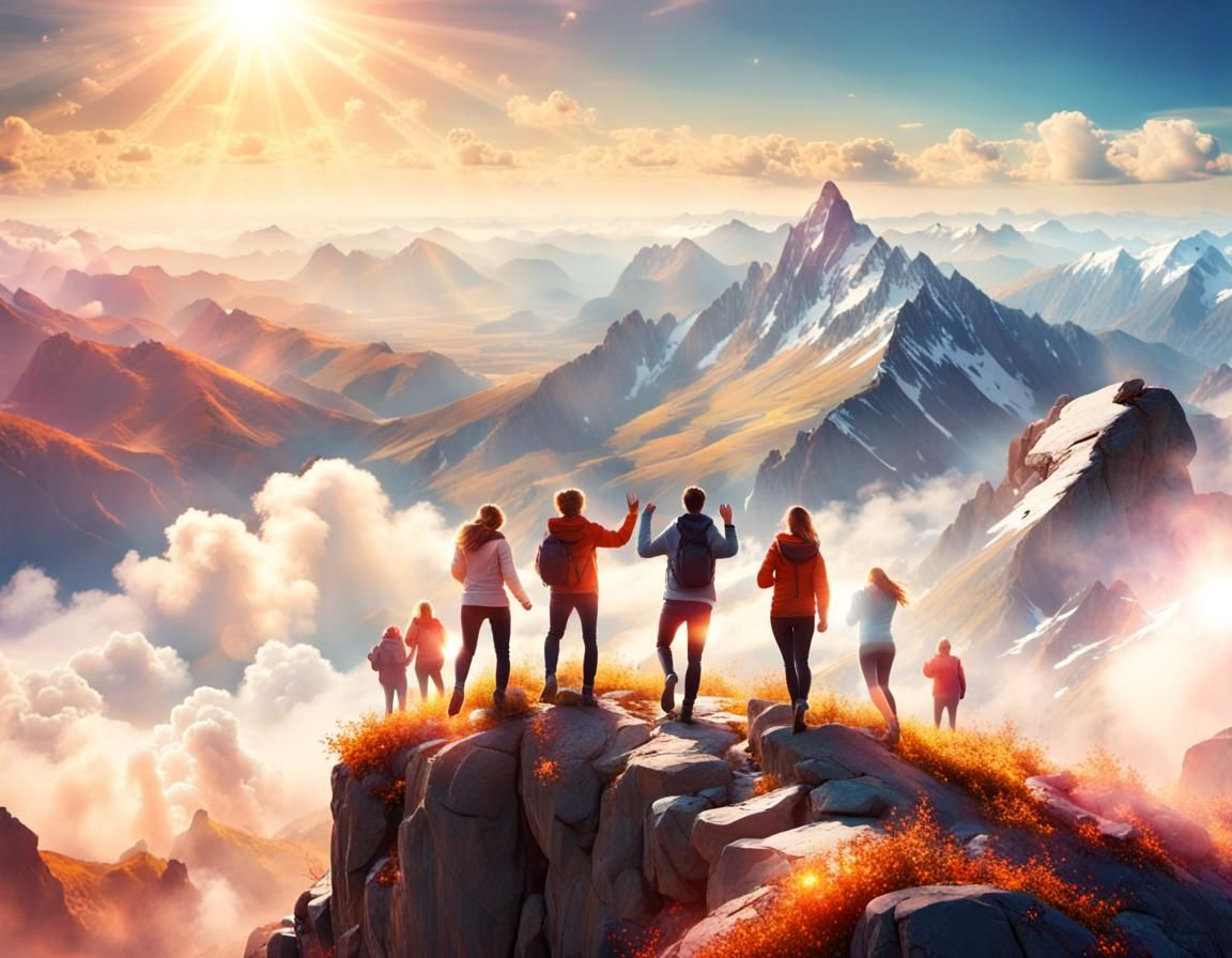 Happy People Celebrate Mountain Summit Success