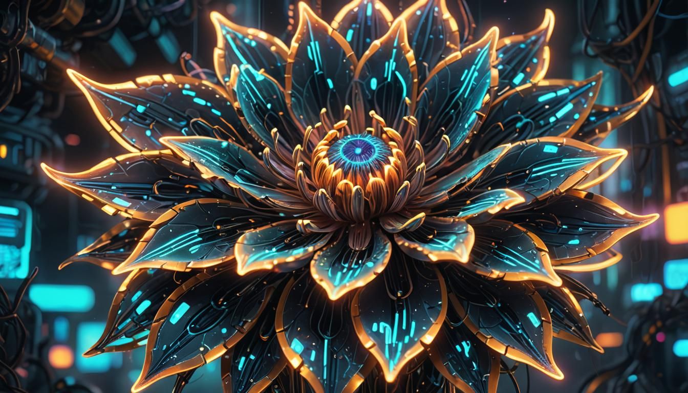 Fluorescent Colors atmosfere. a mesmerizing image of a cybernetic flower