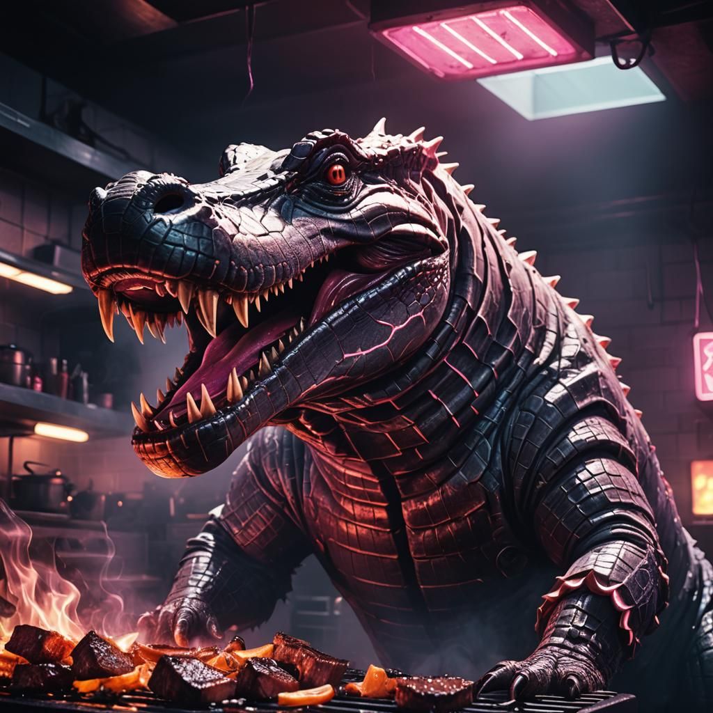 Alligator Chef Cooking Steak in Synthwave Neon