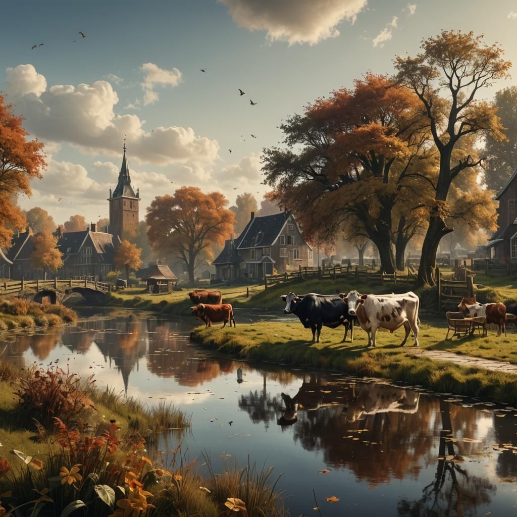 Cows Drinking in Autumn Landscape, Golden Age Style