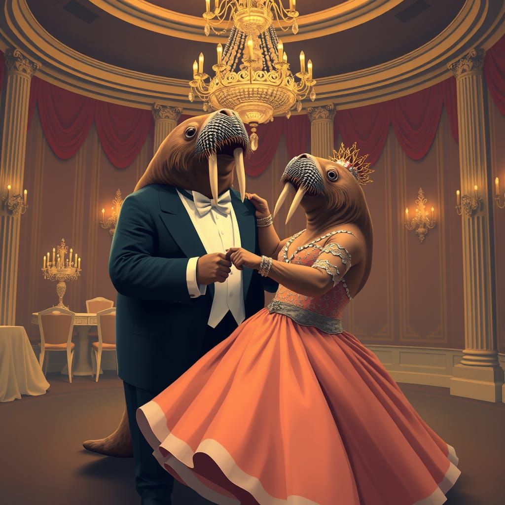 Walruses Dance in Elegant Ballroom