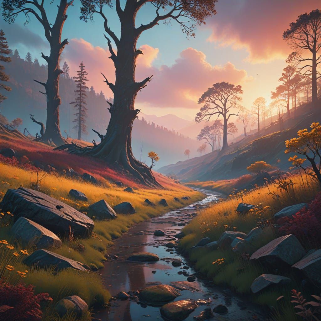 Ethereal Foggy Landscape in Vibrant, Impasto Acrylic Style