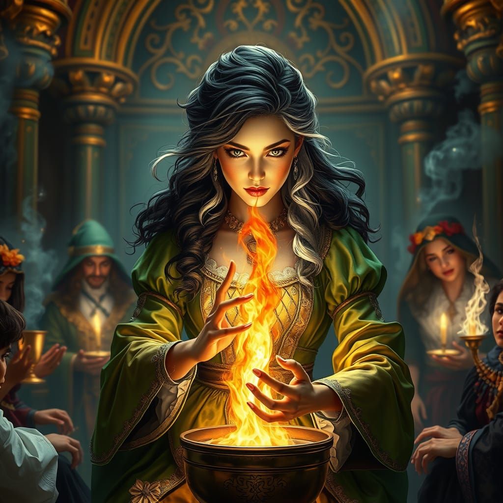 Renaissance Magic Maiden Conjures Fire in Dazzling Hyperreal...