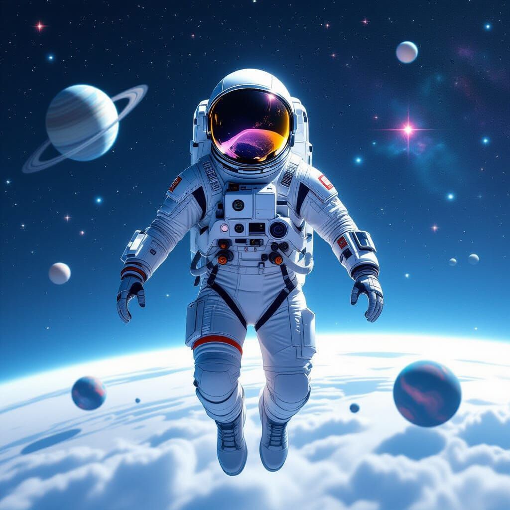 Astronaut in Futuristic Cyberpunk Style, Surrounded by Stars