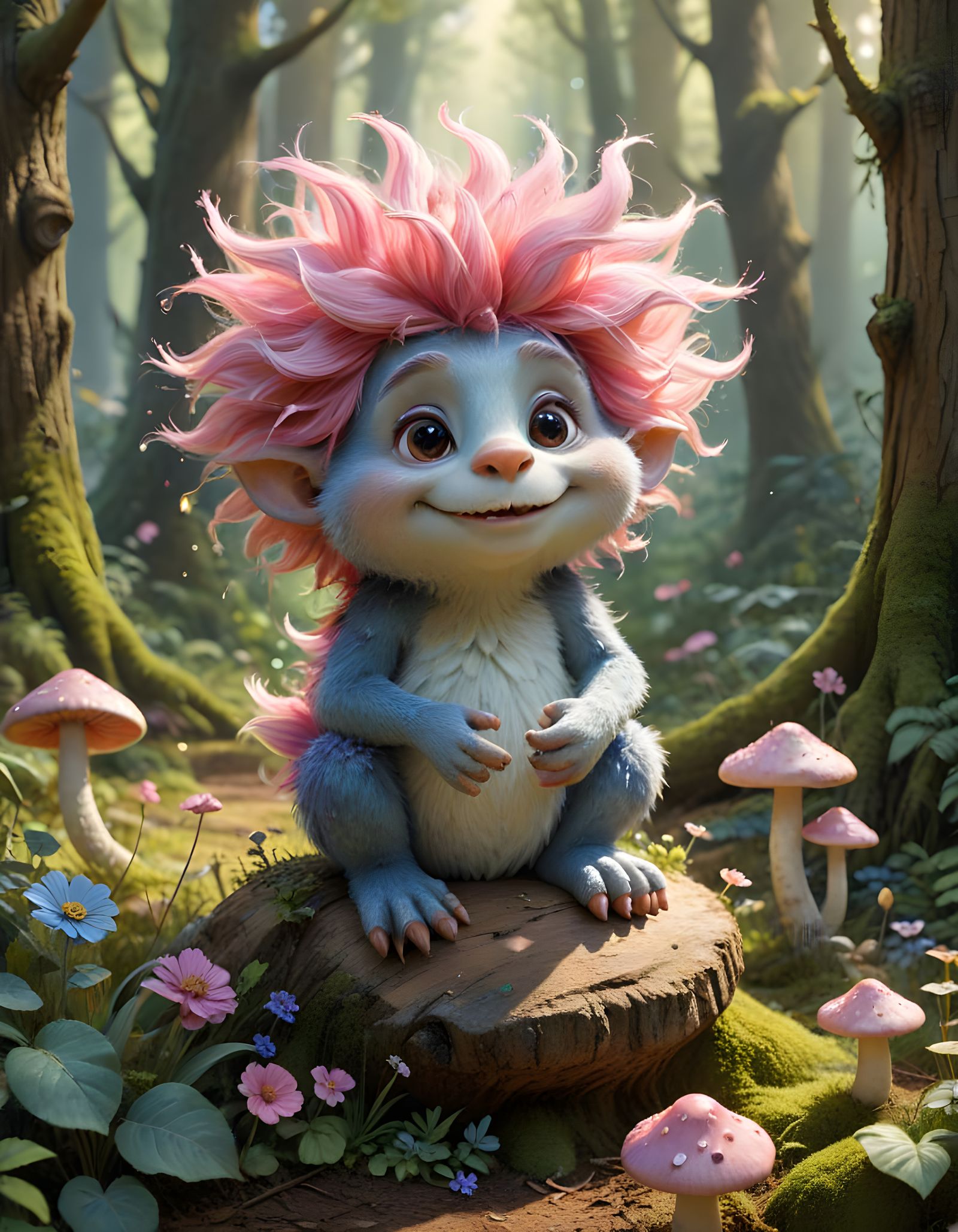 A cheerful troll with fluffy pink hair, big googly eyes, and a flower crown is lounging on a giant toadstool in the midd...