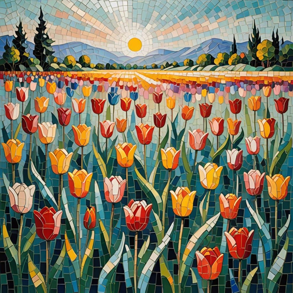 Abstract Tulip Field Landscape in Textured Pastel Colors
