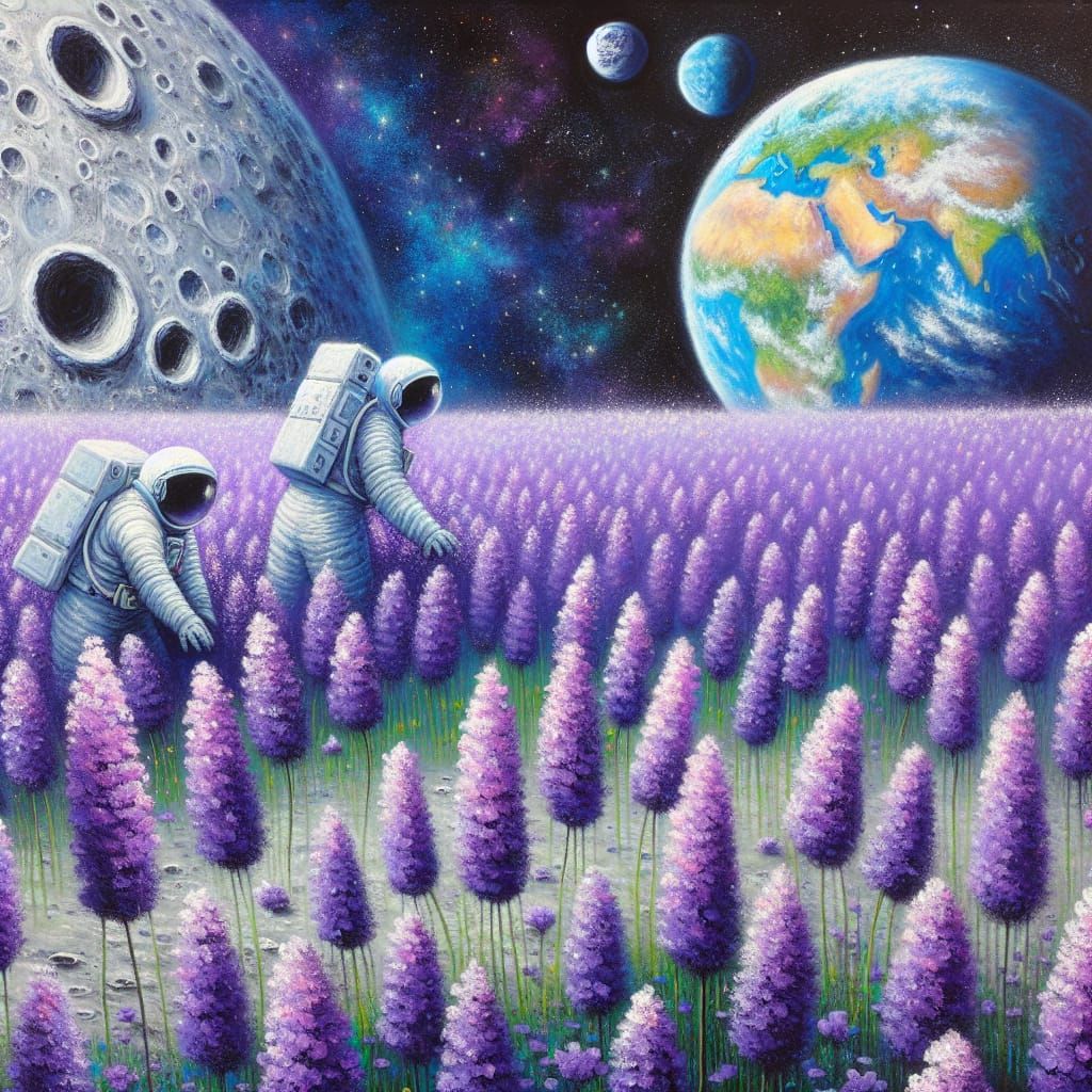 Surreal Astronauts Amidst Lavender Fields in Mixed Media